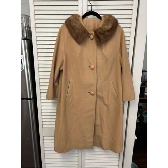 National Board Tan Cashmere Long Sleeve Button Front Fur-Lined Coat Size 38 - Picture 4 of 10